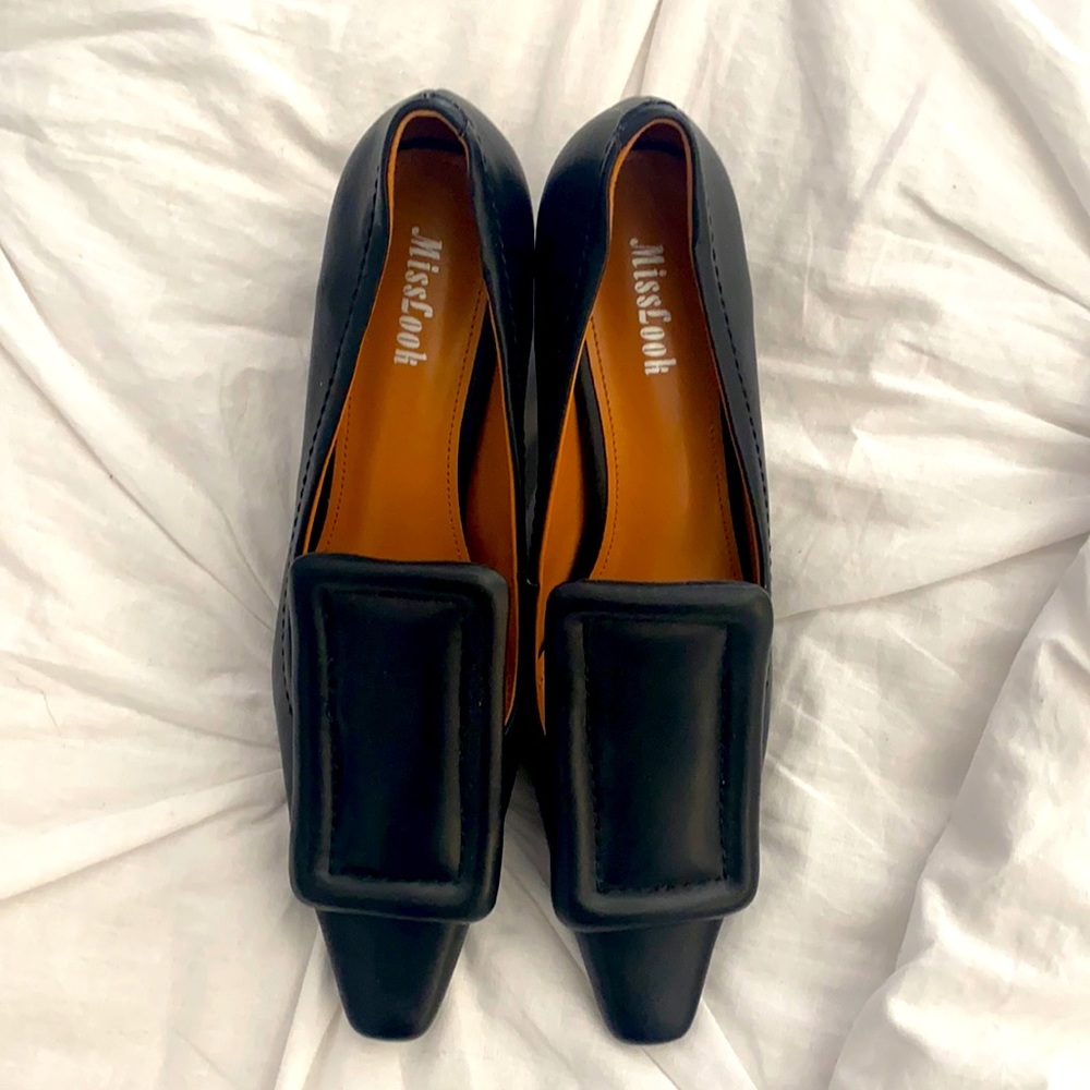 Black short block heels.  2 inch 8.5